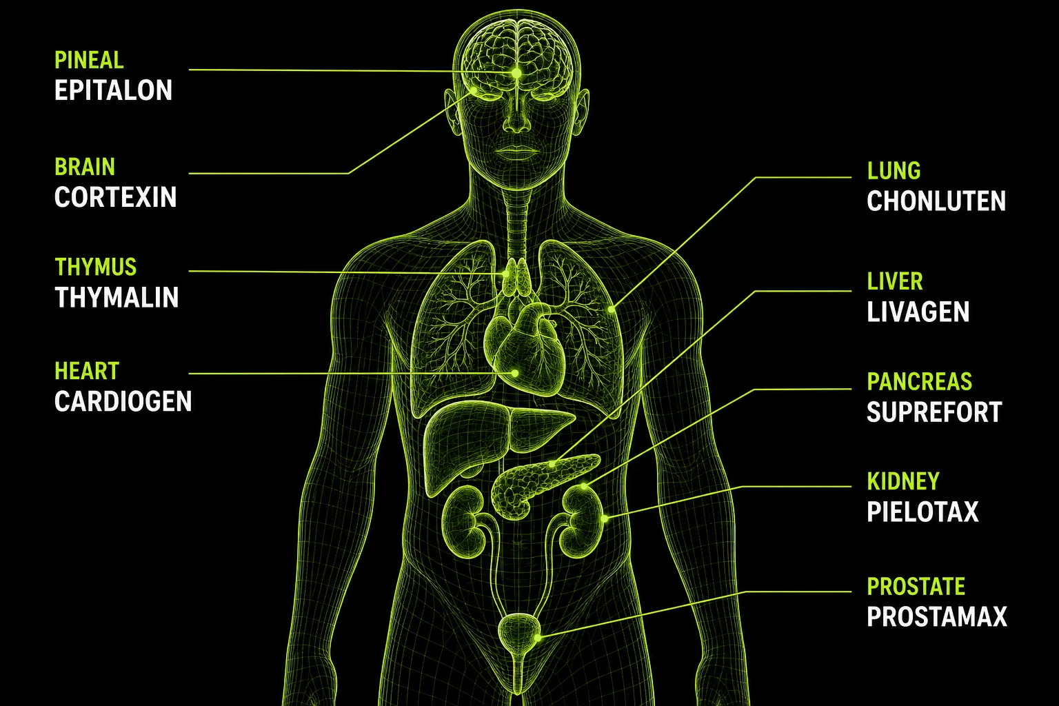 Diagram of a human body showing which Khavinson bioregulator peptide targets each organ: Epitalon for the pineal gland, Cortexin for the brain, Thymalin for the thymus, Cardiogen for the heart, Chonluten for the lungs, Livagen for the liver, Suprefort for the pancreas, Pielotax for the kidneys and Prostamax for the prostate