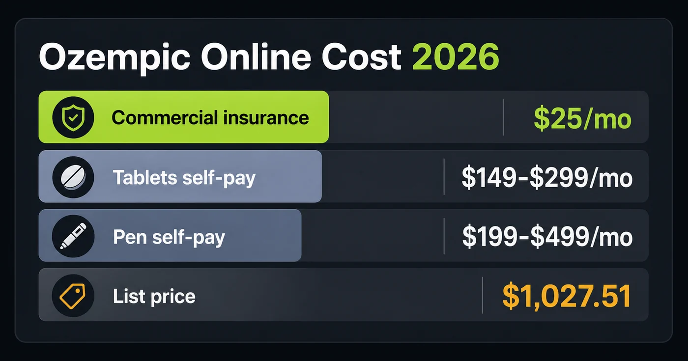 Dark Ozempic online cost 2026 infographic comparing insurance, tablet self-pay, pen self-pay, and list price