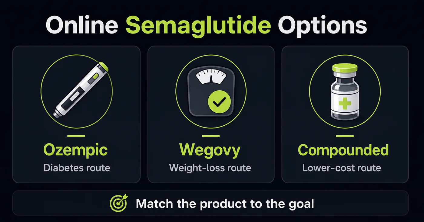 Online semaglutide options infographic comparing Ozempic, Wegovy, and compounded semaglutide