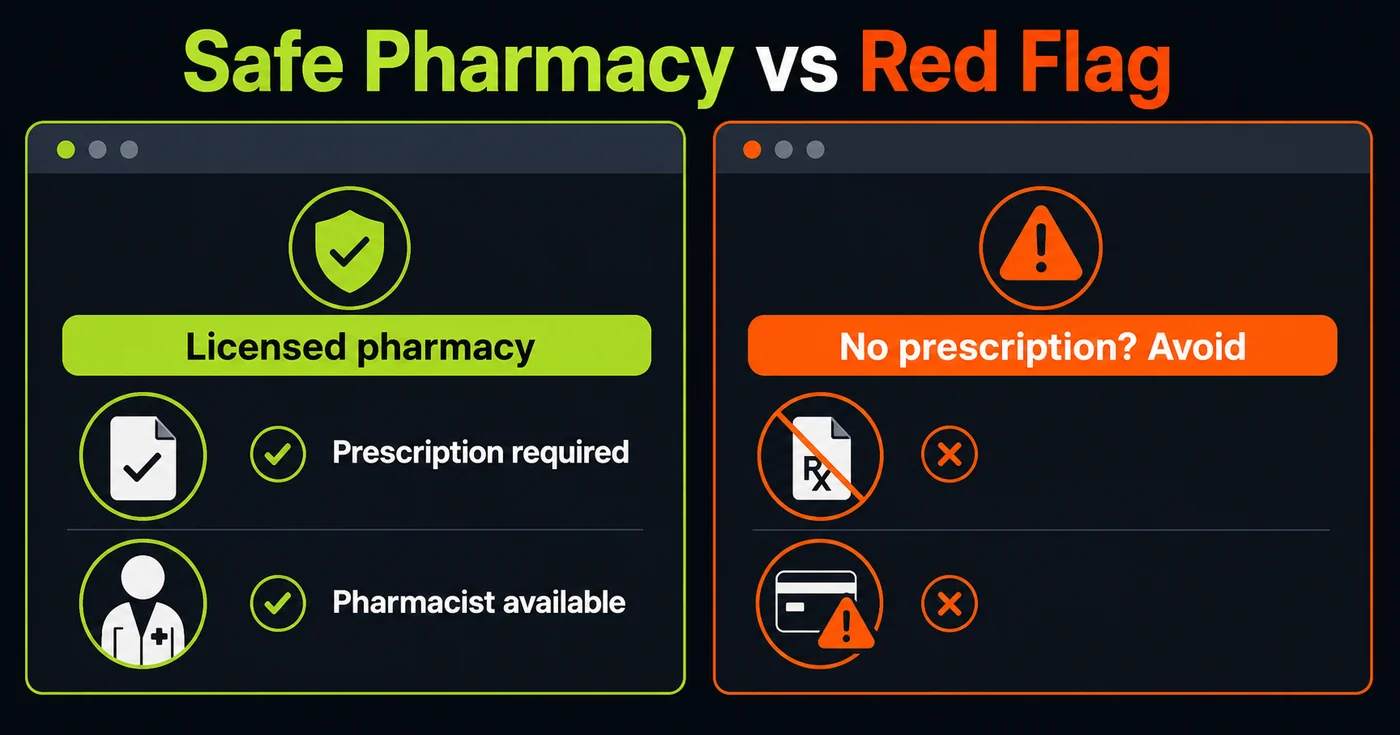 Safe pharmacy versus red flag infographic for buying Ozempic online