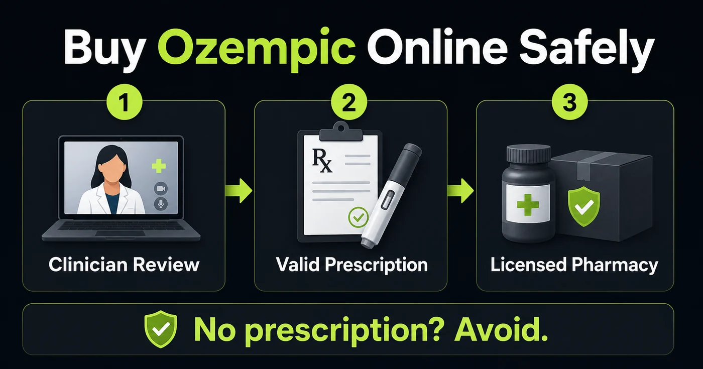 Buy Ozempic online safely infographic showing clinician review, valid prescription, and licensed pharmacy steps