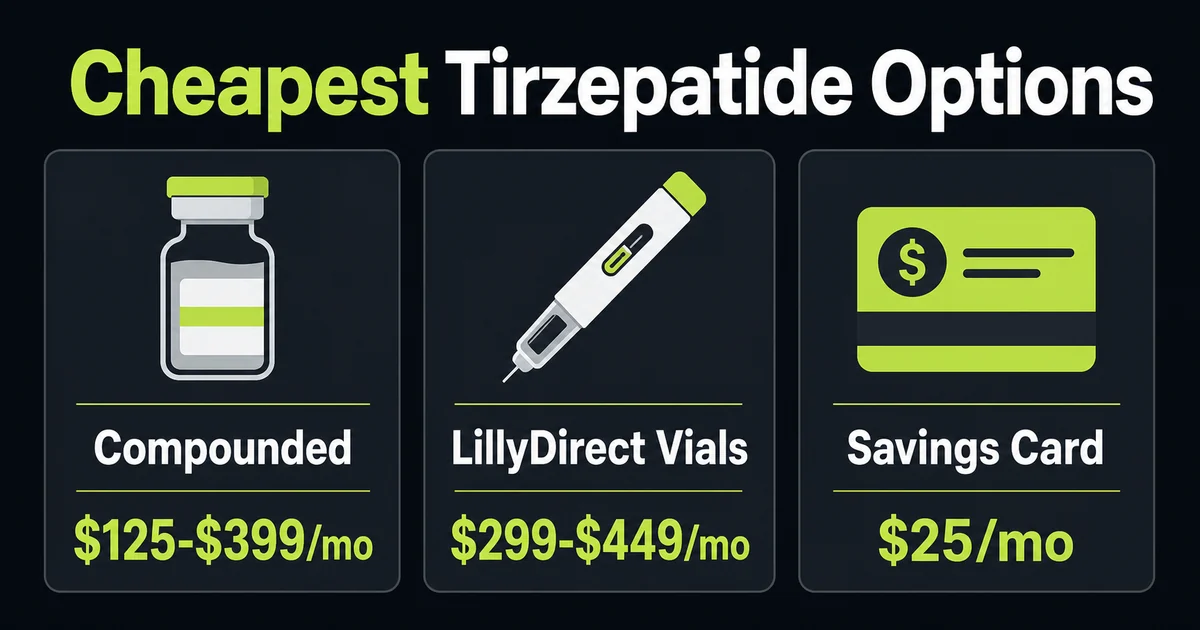 Infographic comparing compounded tirzepatide, LillyDirect Zepbound vials, and savings card prices