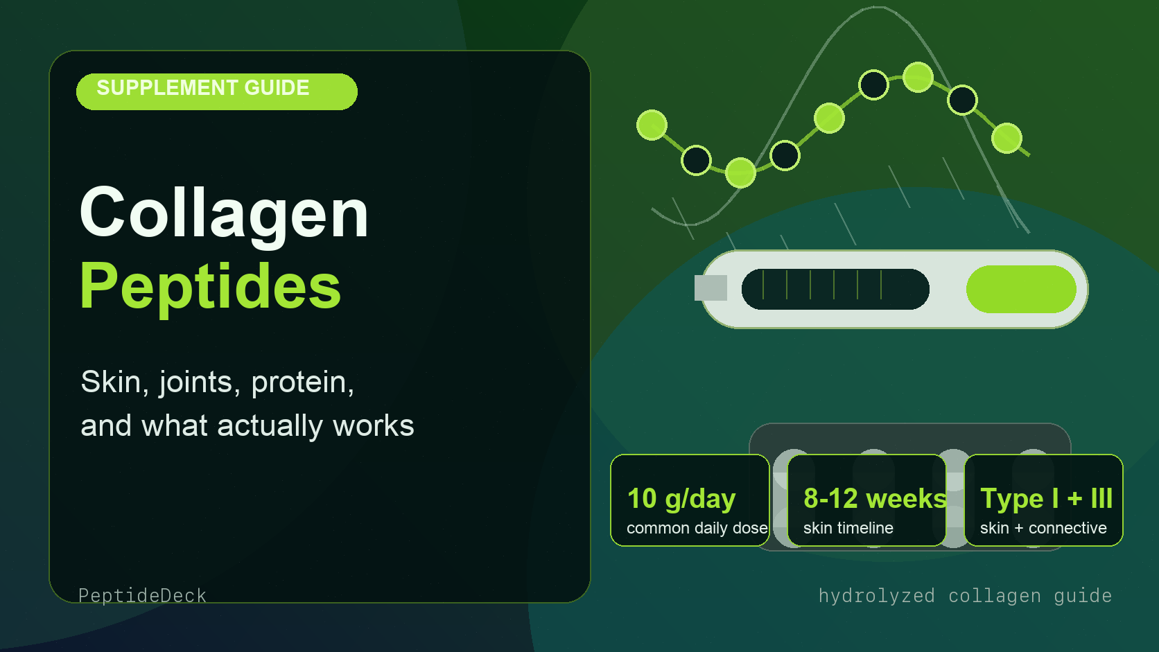 Collagen Peptides supplement guide showing 10 grams per day, 8 to 12 weeks, and Type I plus III collagen