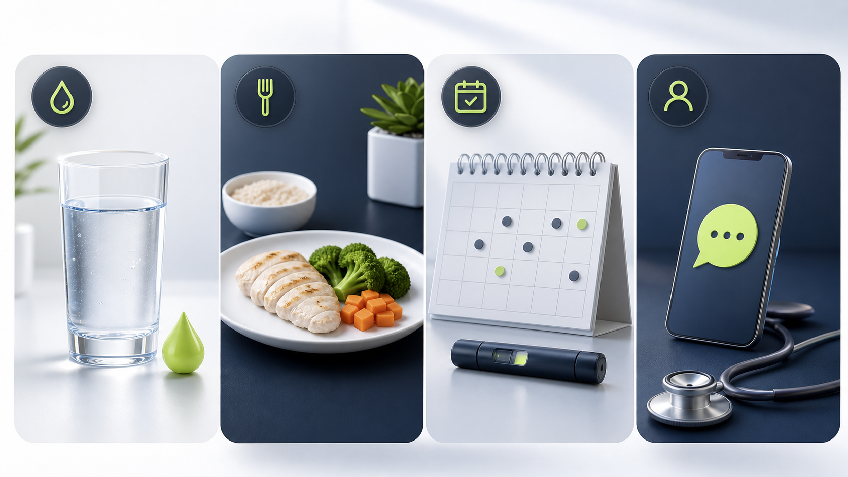GLP-1 diarrhea management plan with hydration, simple meals, dose timing, and clinician follow-up