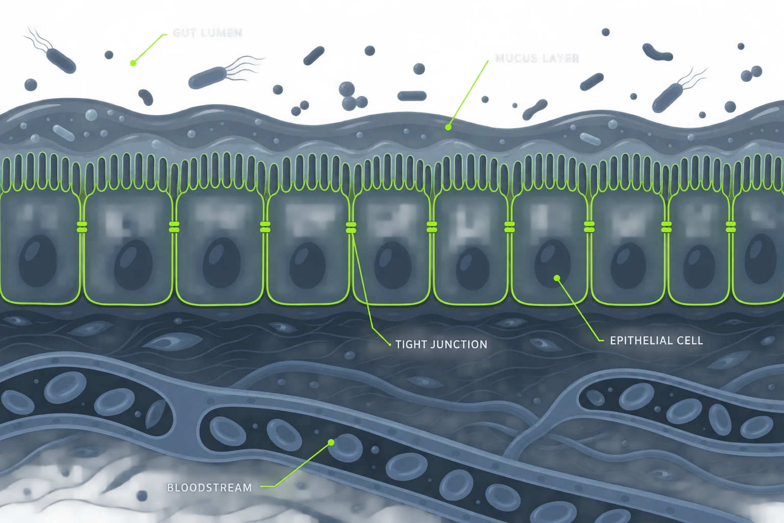 Cross-section diagram of the intestinal lining showing the gut lumen, mucus layer, tight junctions between epithelial cells, and the bloodstream below
