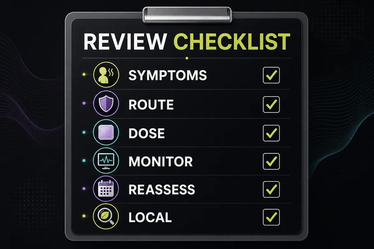 Checklist-style medical graphic showing key clinician questions for reviewing HRT after age 65.