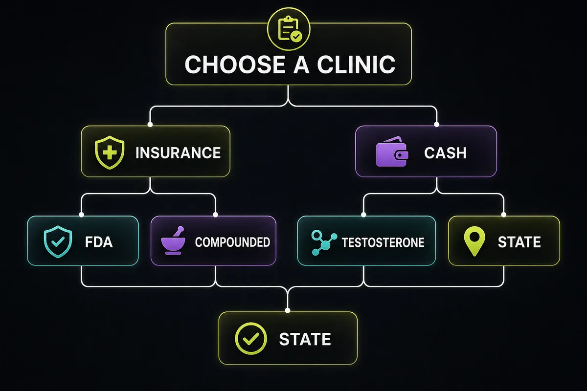 Decision-tree graphic for choosing an online HRT clinic based on payment, product type, symptoms, and availability.