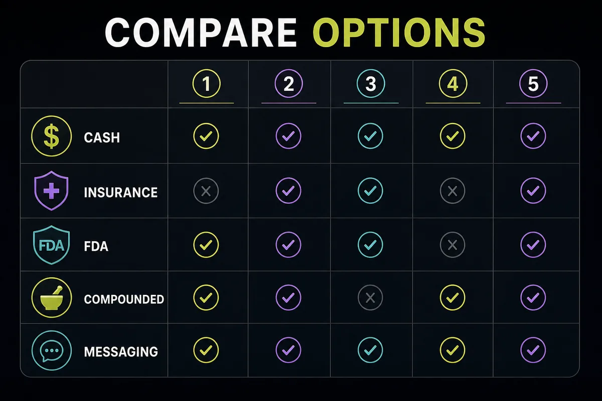 Anonymous online HRT provider comparison visual showing cost, insurance, FDA-approved products, compounded options, and support.