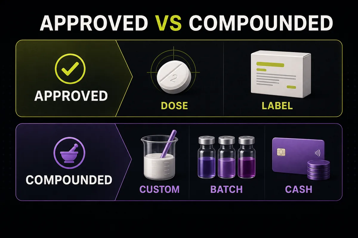 Comparison infographic contrasting FDA-approved bioidentical hormones with compounded BHRT.