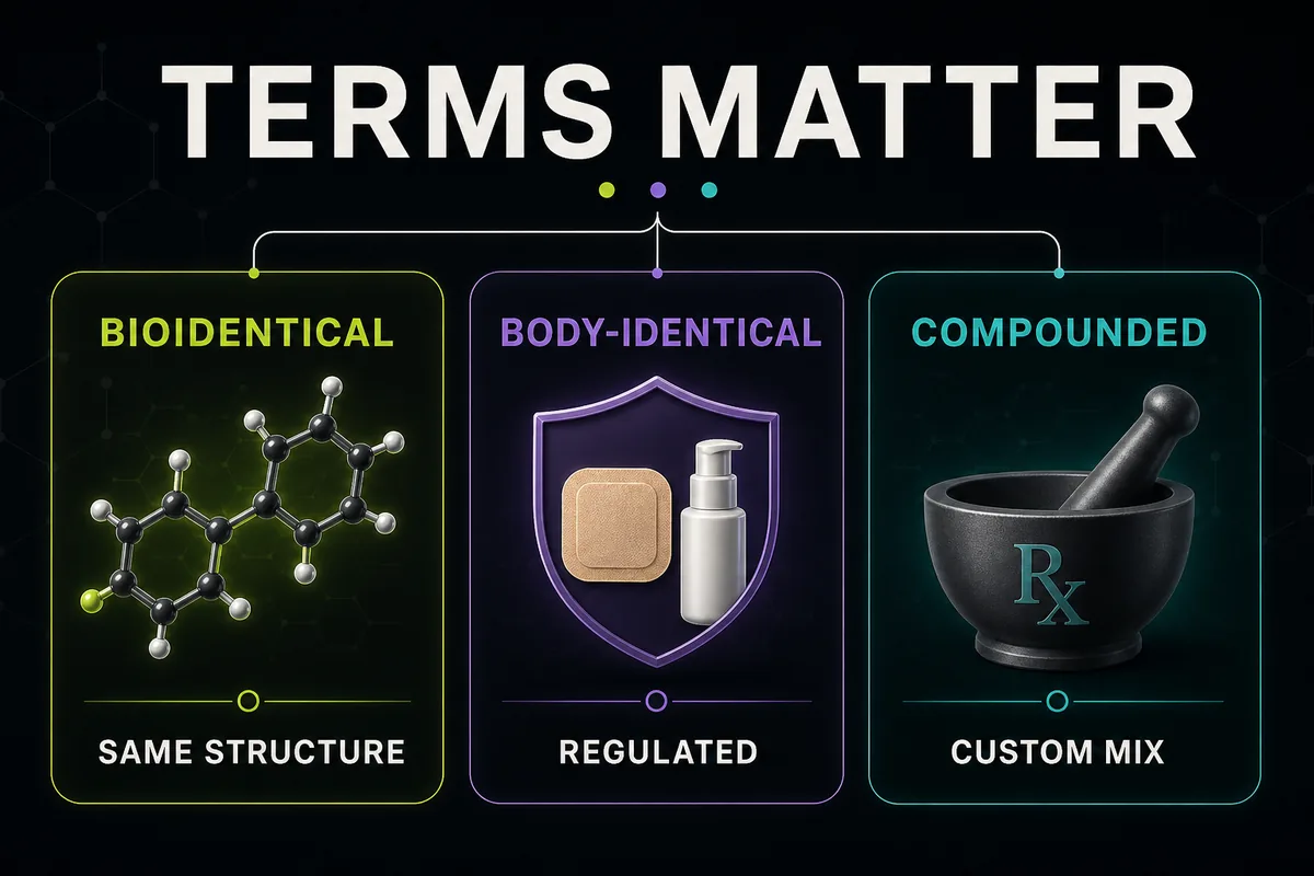 Terminology diagram explaining bioidentical, body-identical, and compounded hormone therapy categories.