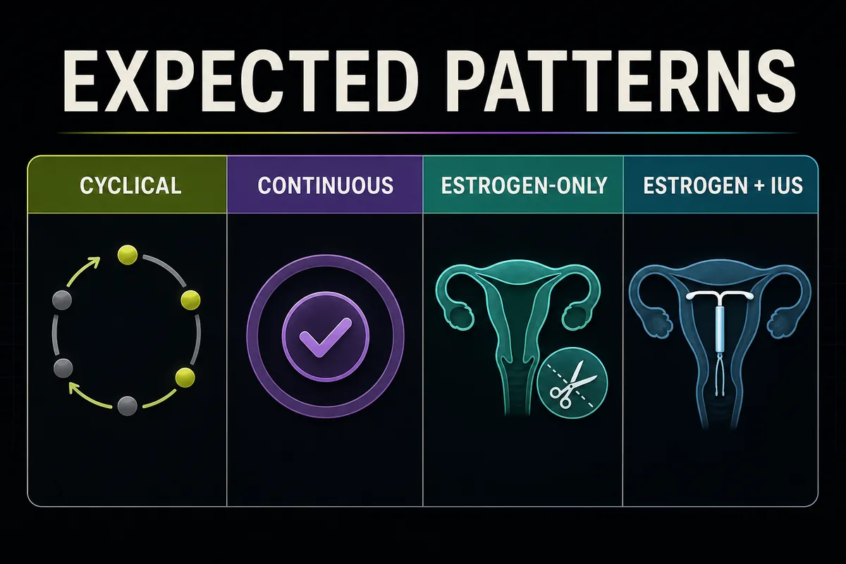 Infographic comparing expected bleeding patterns for cyclical, continuous, estrogen-only, and estrogen plus IUS HRT regimens.