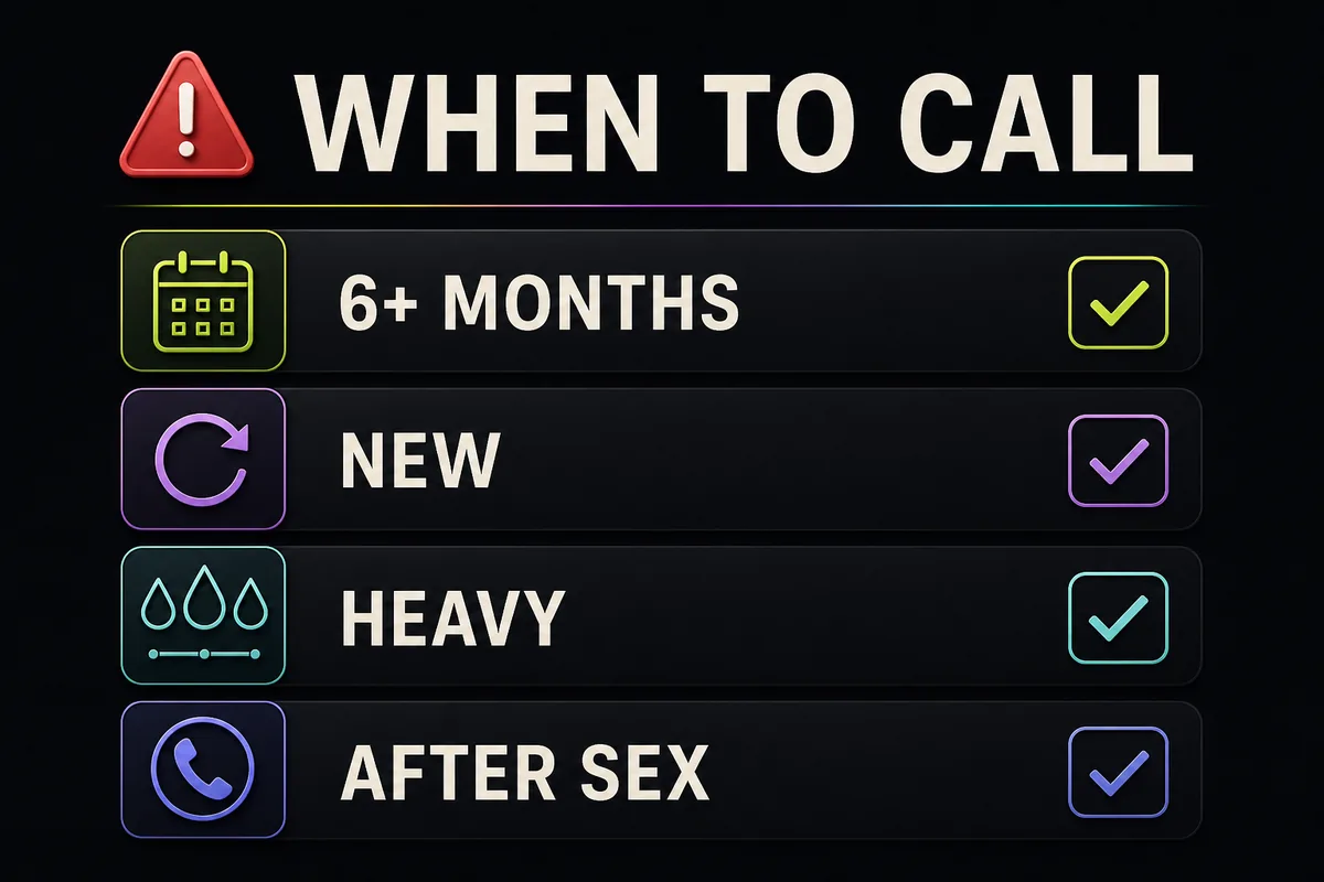 Checklist graphic showing bleeding-on-HRT situations that should prompt a clinician call.