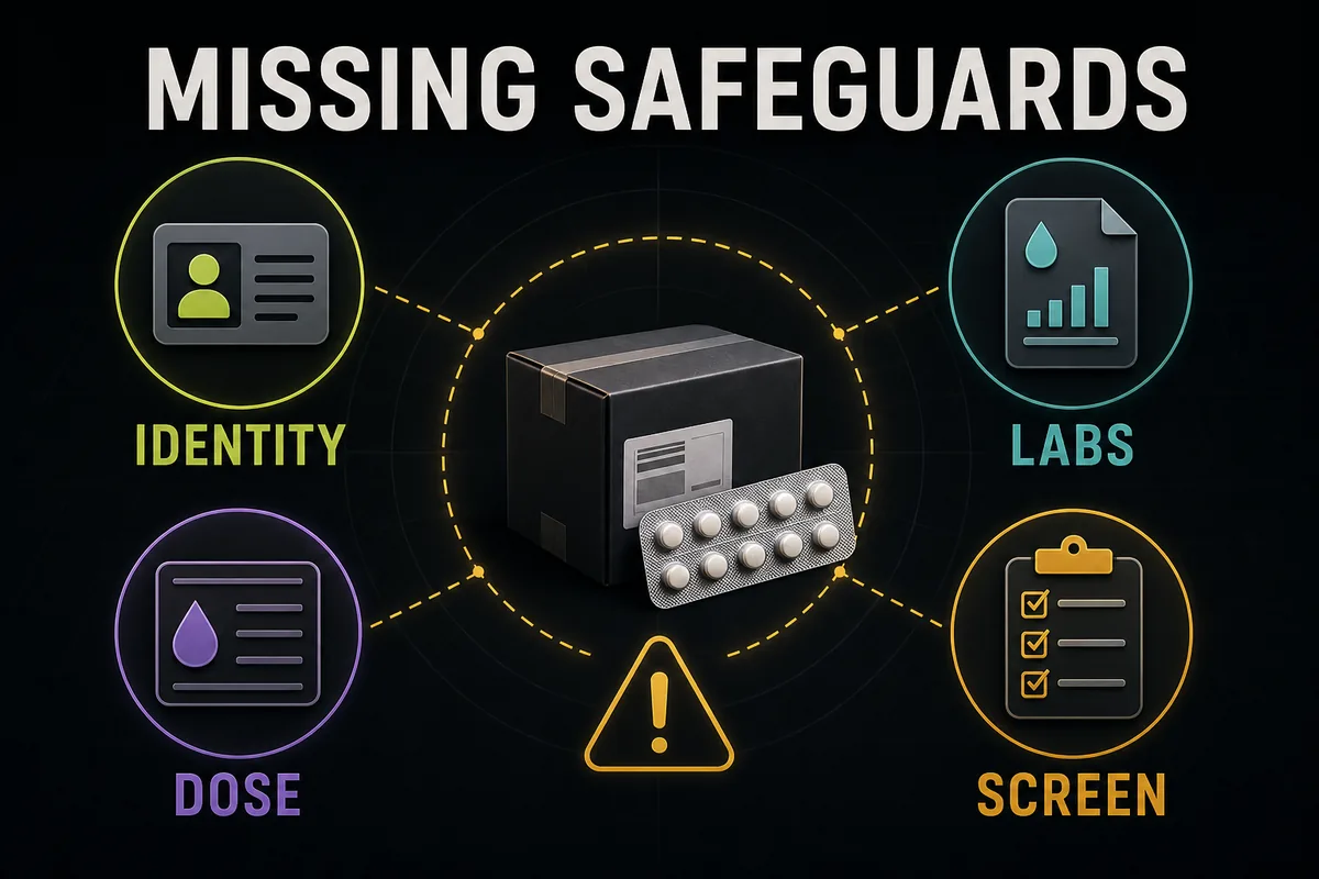 Safety-gap diagram showing missing safeguards in DIY HRT, including product verification, dose, labs, and screening.