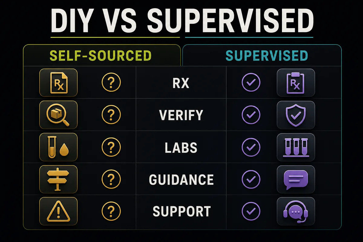 Comparison infographic showing differences between self-sourced DIY HRT and supervised HRT care.