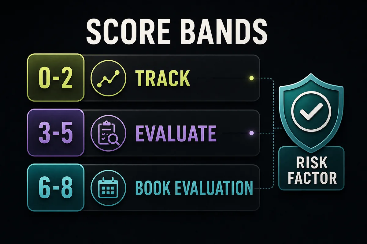 Scoring-band infographic for an HRT quiz showing 0 to 2, 3 to 5, 6 to 8, and risk-factor override categories.