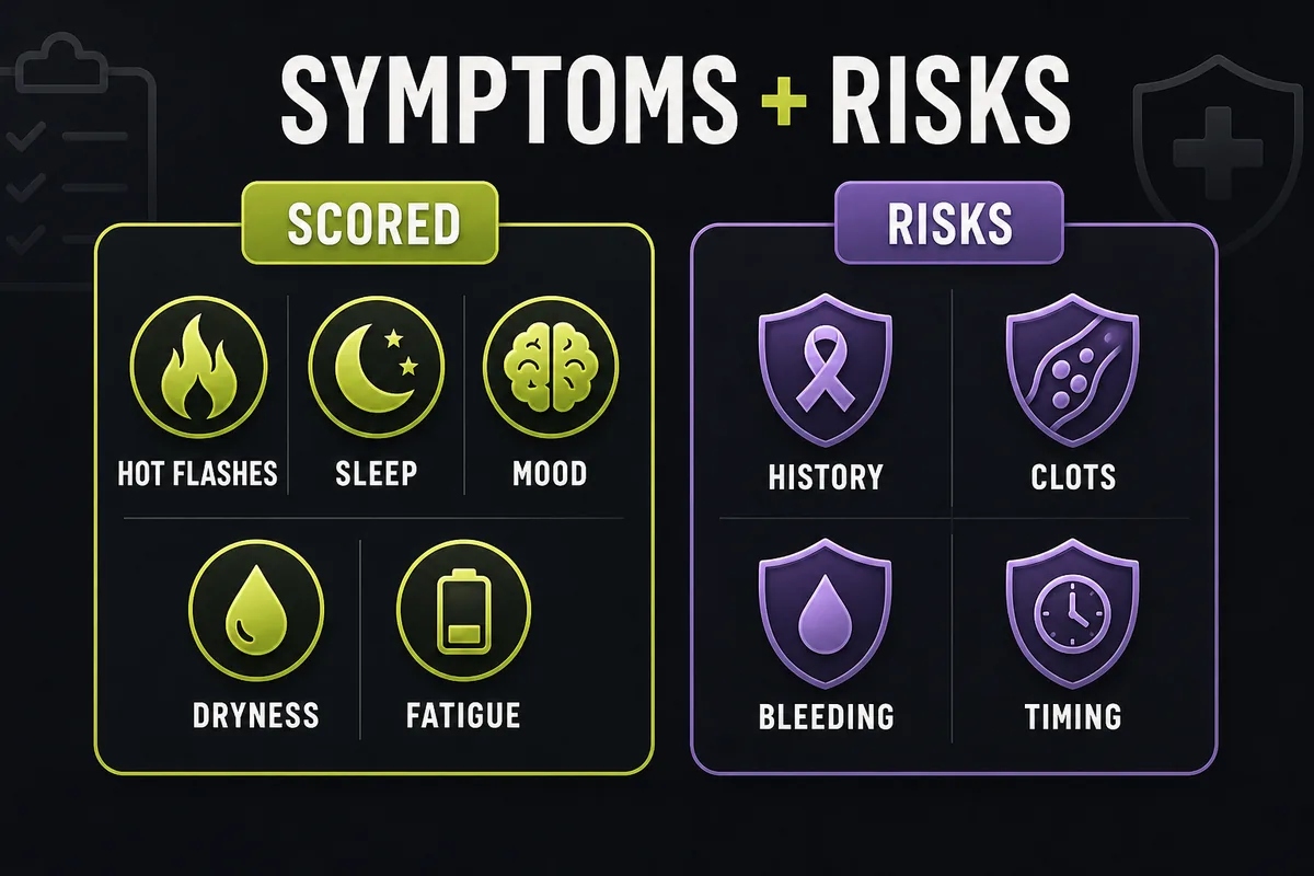 Checklist graphic separating scored menopause symptoms from unscored HRT risk factors.