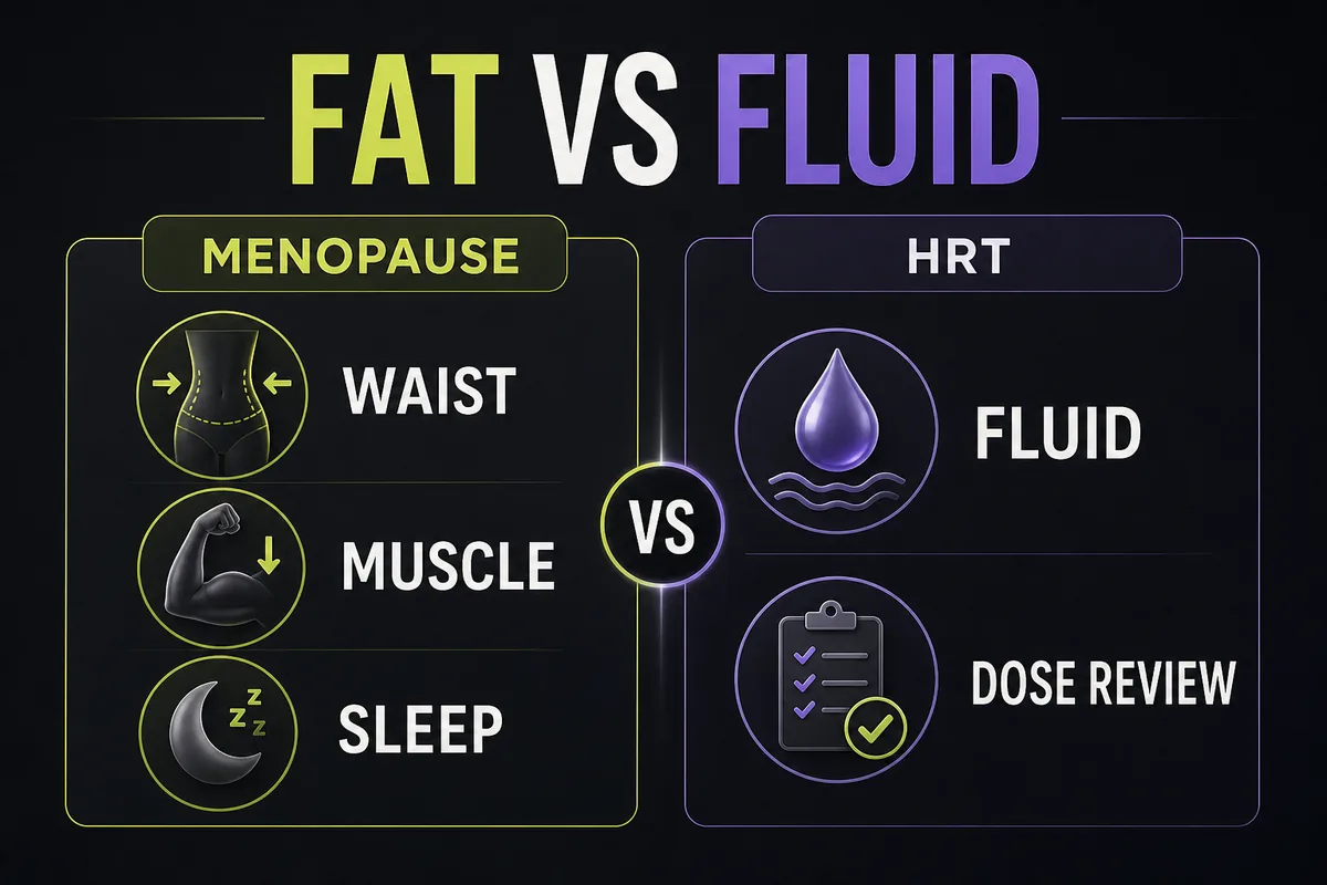 Comparison infographic separating menopause-related fat changes from temporary HRT-related fluid retention.