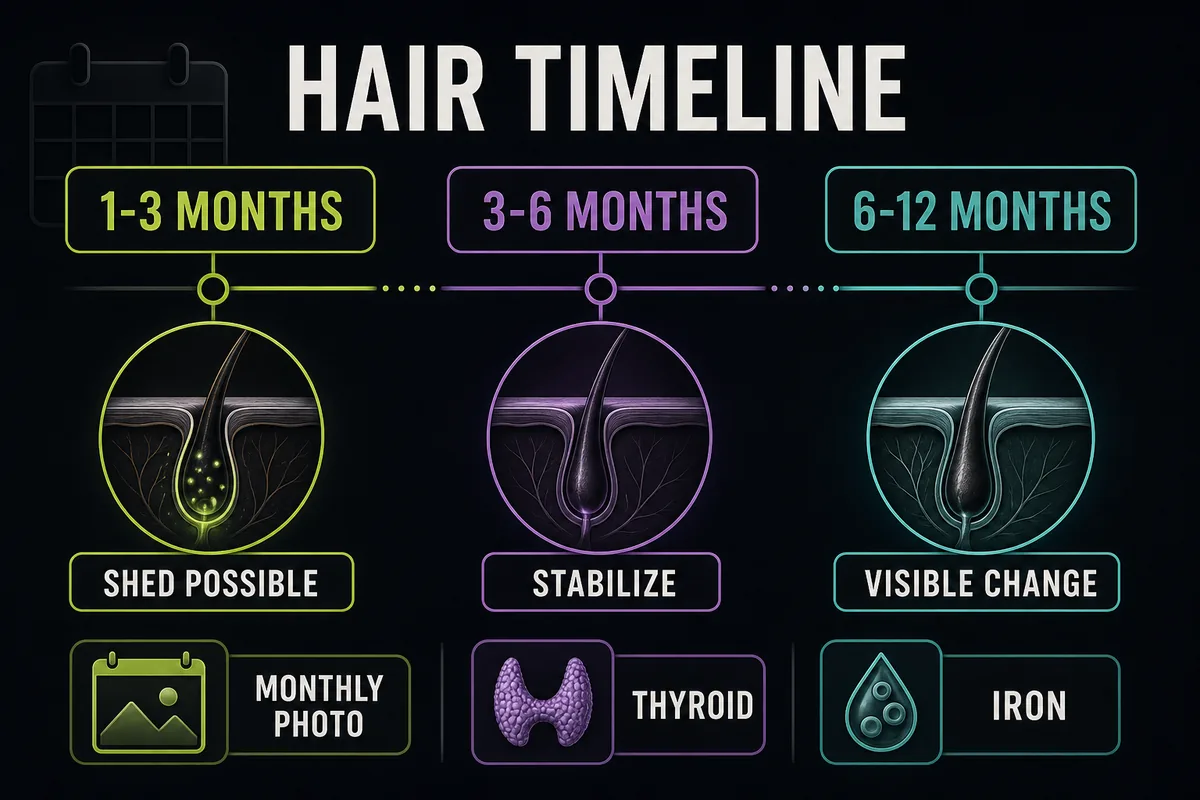 Timeline infographic showing expected HRT hair changes from early shedding through stabilization and possible visible change.