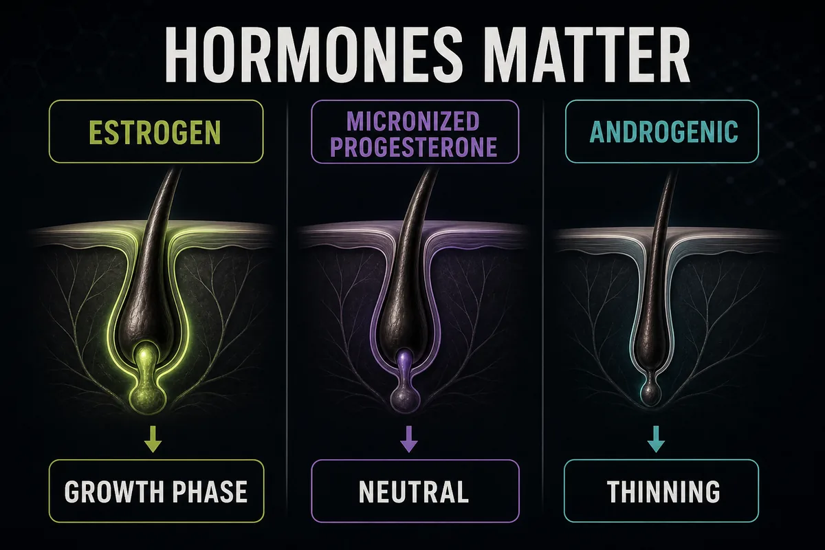 Diagram showing how estrogen, micronized progesterone, androgenic progestins, and testosterone can affect menopausal hair thinning.