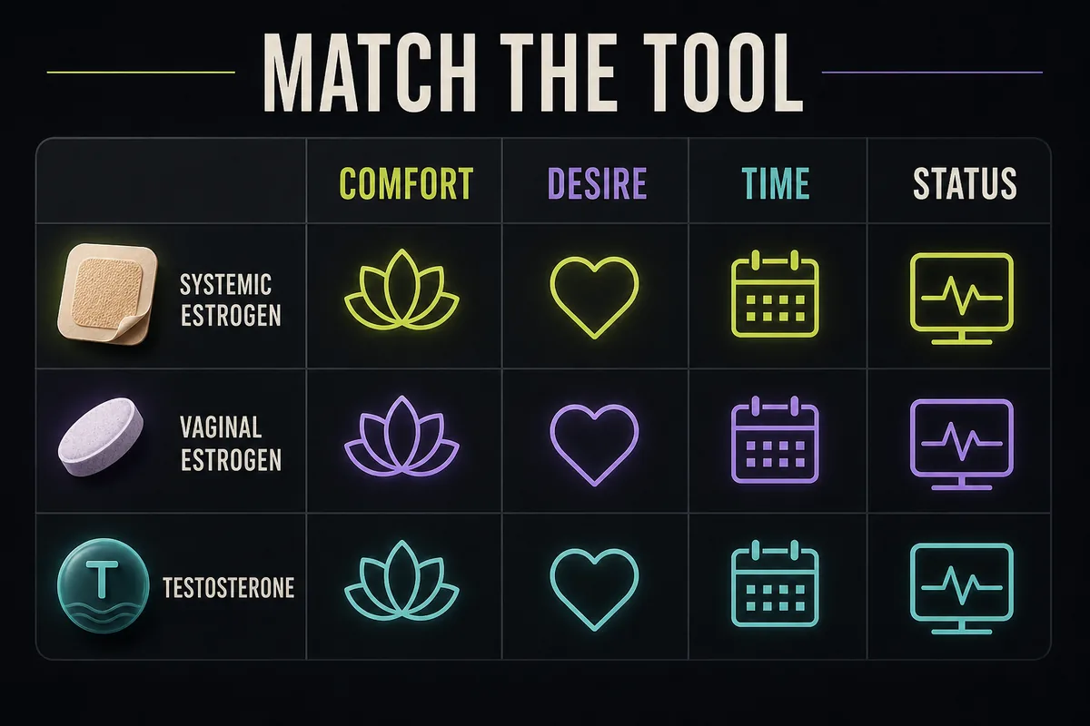Comparison graphic matching systemic estrogen, vaginal estrogen, and testosterone add-on to different libido-related problems.