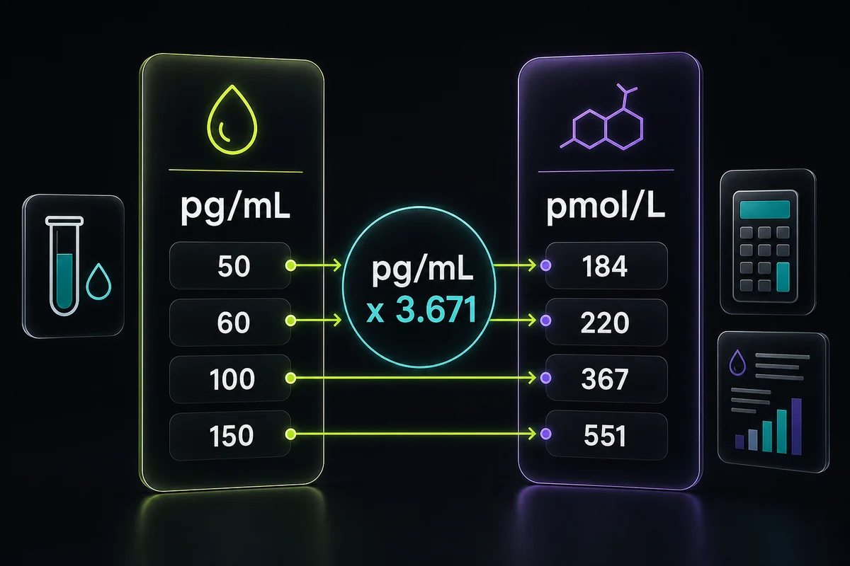 Estradiol unit conversion visual showing pg/mL multiplied by 3.671 to calculate pmol/L.