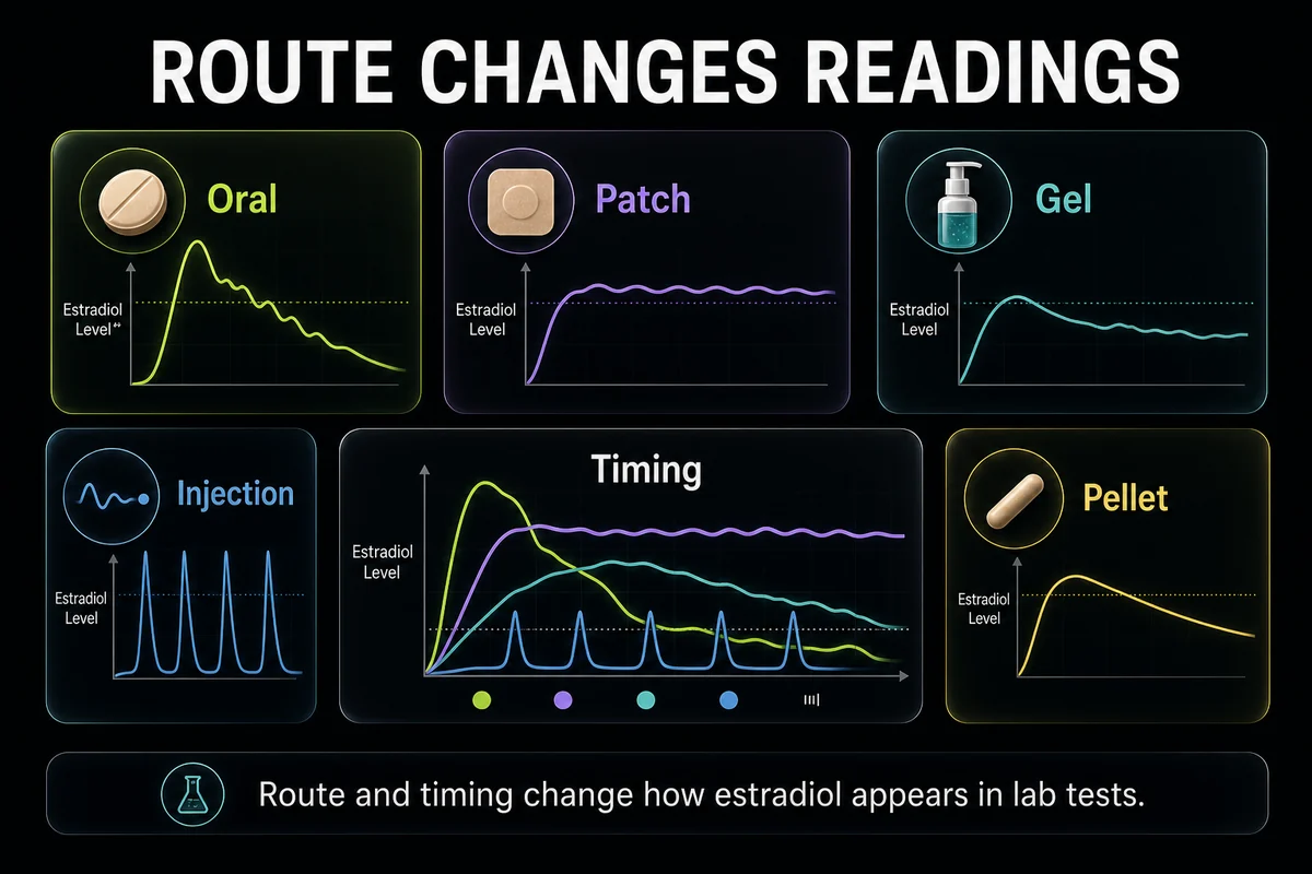 HRT delivery method comparison showing pills, patches, gels, pellets, and timing curves for estradiol readings.