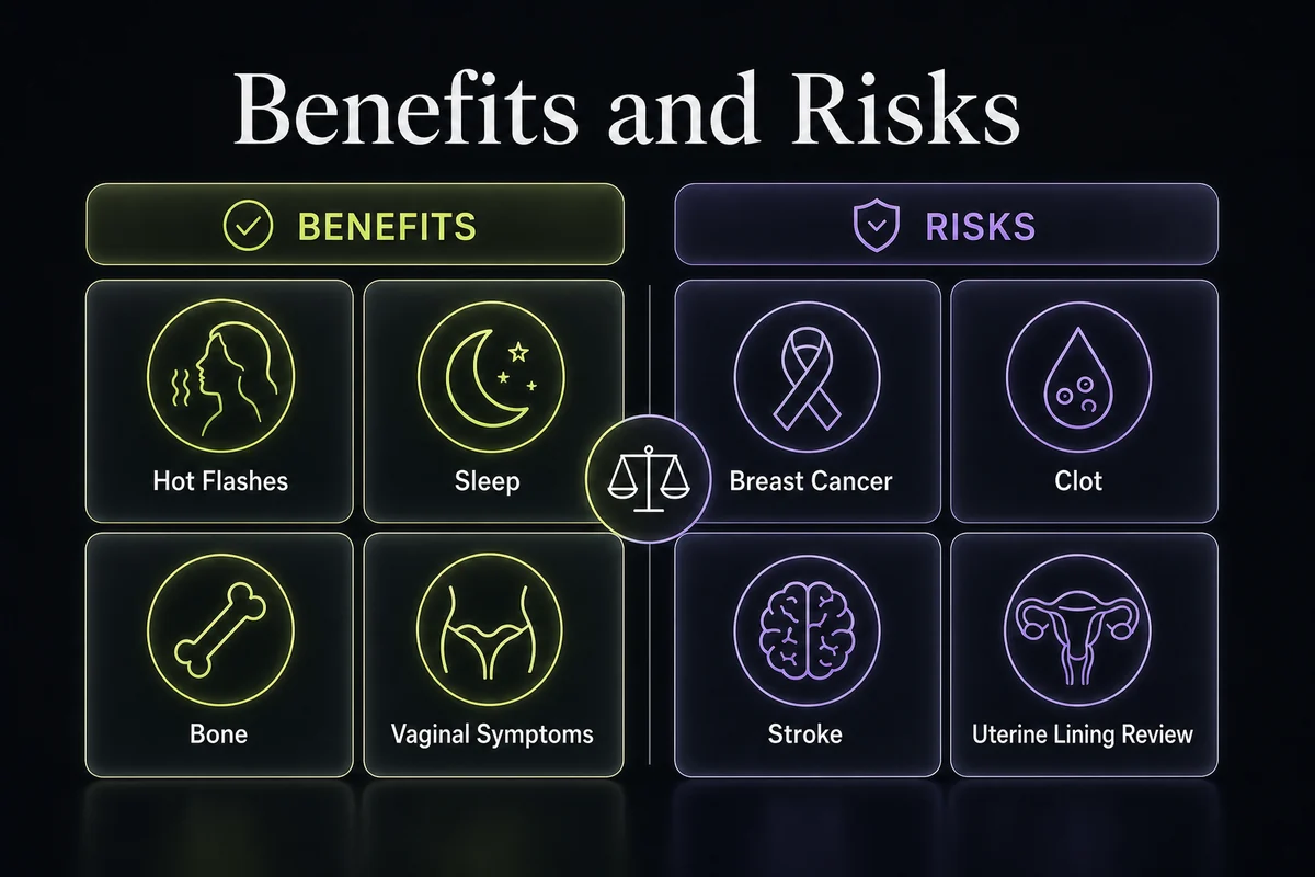 Balanced HRT benefits and risks matrix with symptom relief and safety review icons.