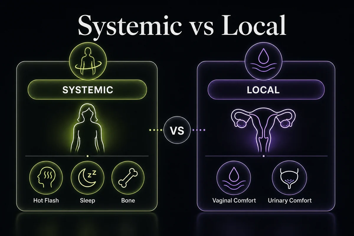 Diagram comparing systemic HRT with local vaginal estrogen therapy using simple symptom icons.