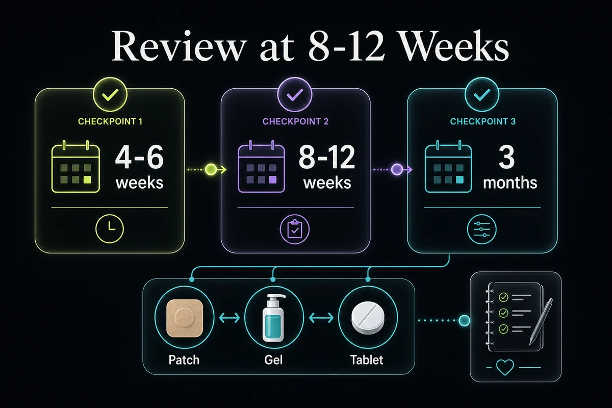 HRT dose review checklist showing 4 to 6 weeks, 8 to 12 weeks, and 3 month checkpoints.