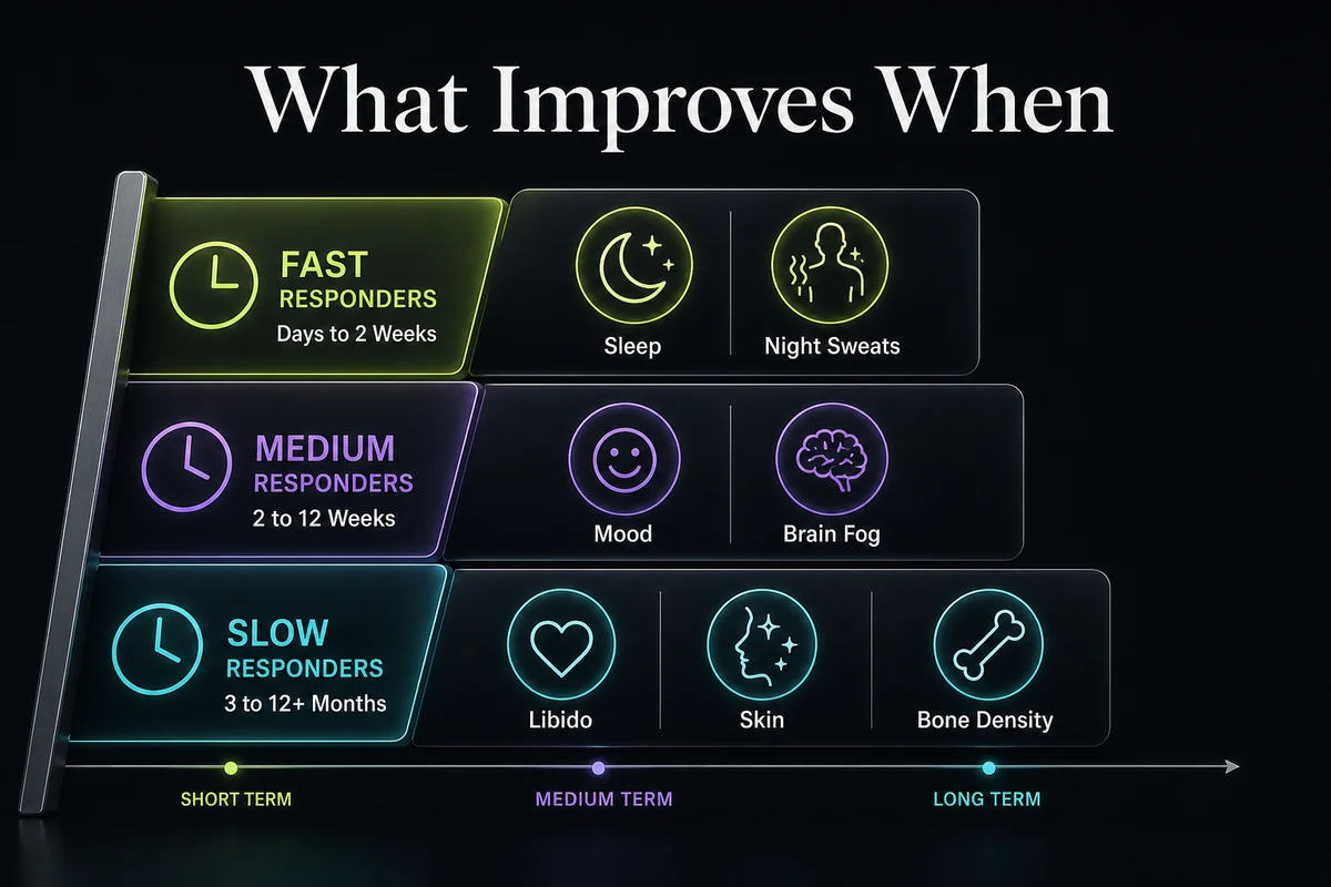 Symptom response ladder showing which HRT benefits often improve sooner or later.