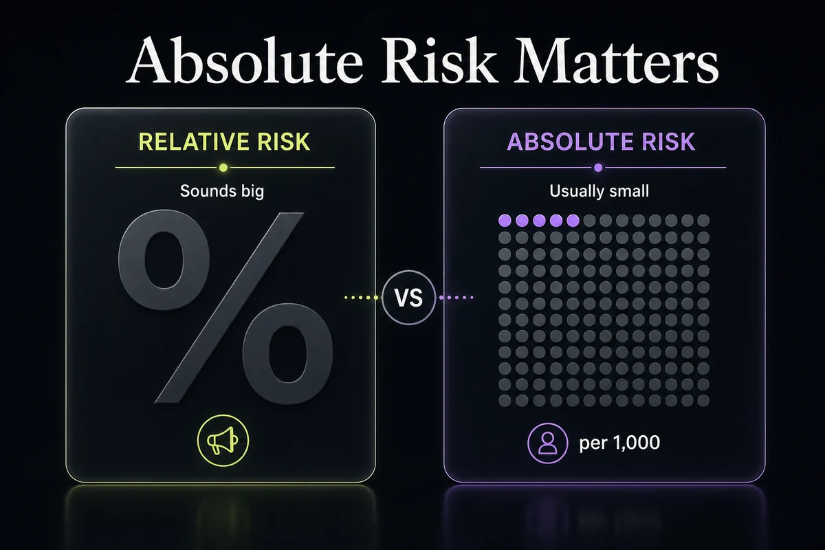 Absolute risk explainer with a per-1,000 dot grid compared with relative risk language.