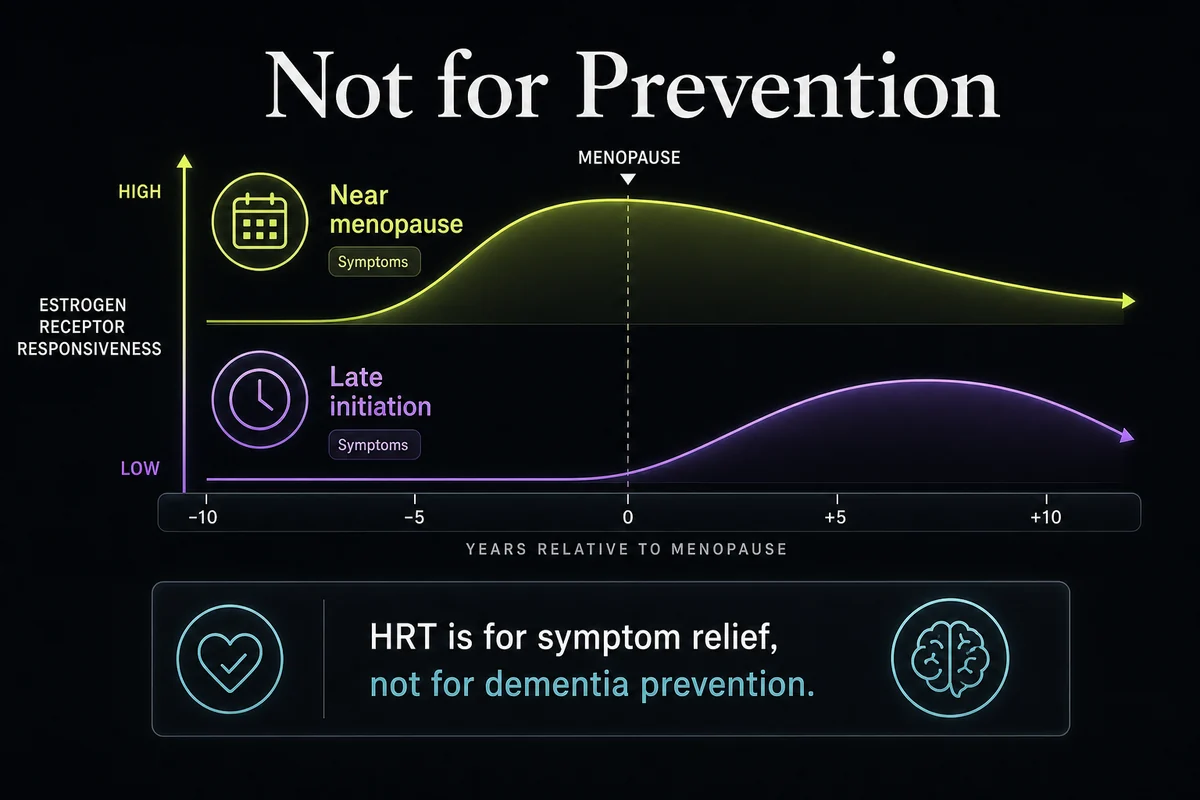 Critical-window diagram explaining early versus late HRT timing without claiming dementia prevention.