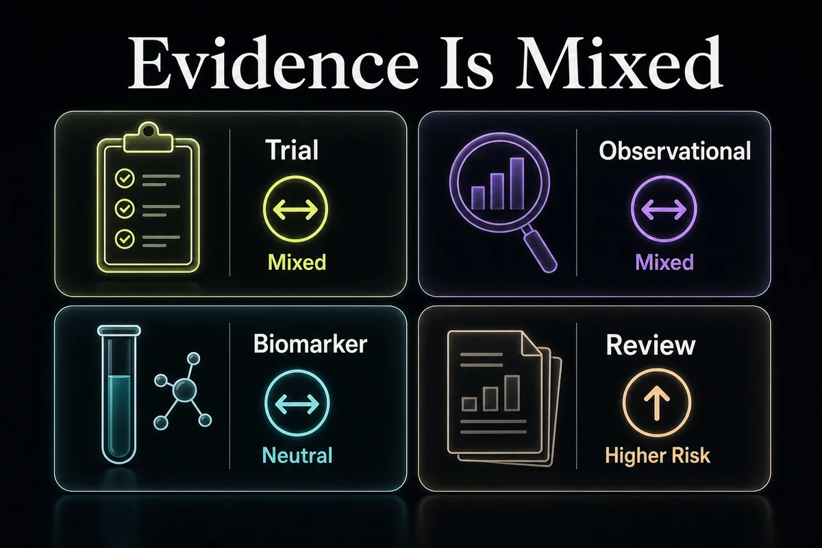 Evidence comparison board showing randomized trials, observational studies, biomarkers, and pooled reviews.
