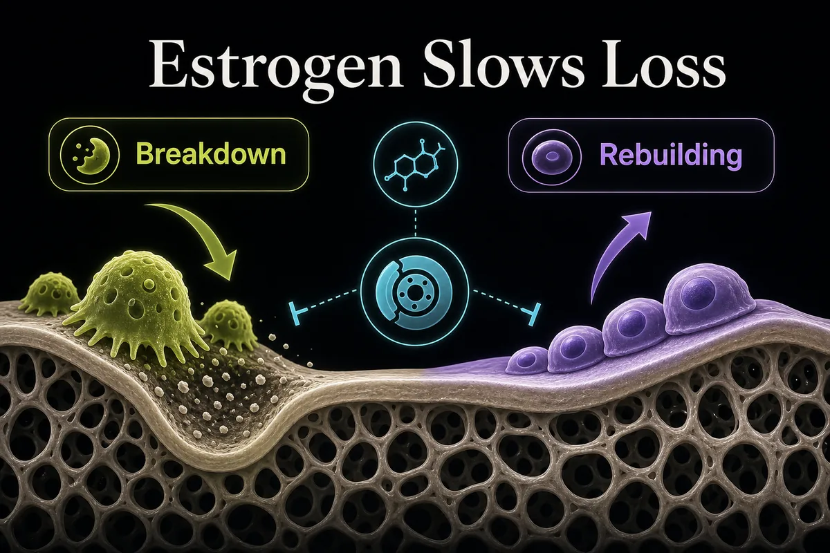 Bone remodeling diagram showing estrogen slowing bone breakdown during menopause.