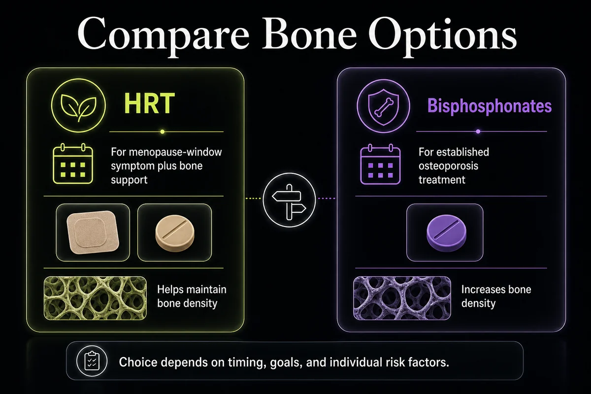 Comparison visual for HRT and bisphosphonates as different osteoporosis-related treatment options.