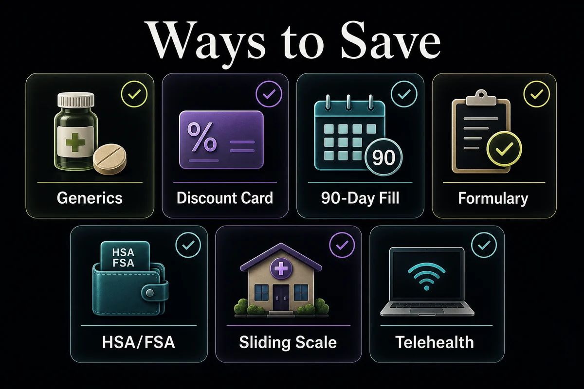 HRT savings checklist showing generics, discount cards, 90-day fills, formulary checks, and HSA or FSA use.