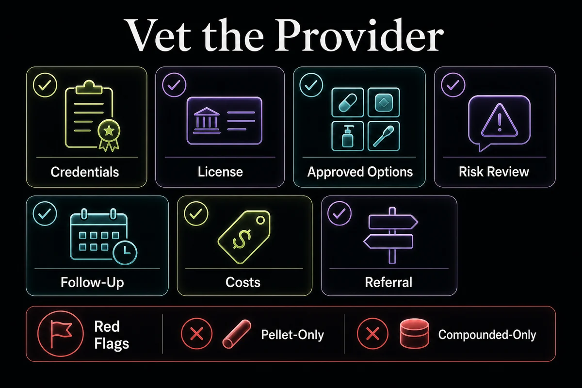HRT provider vetting checklist with credentials, treatment menu, risk discussion, follow-up, and cost transparency.