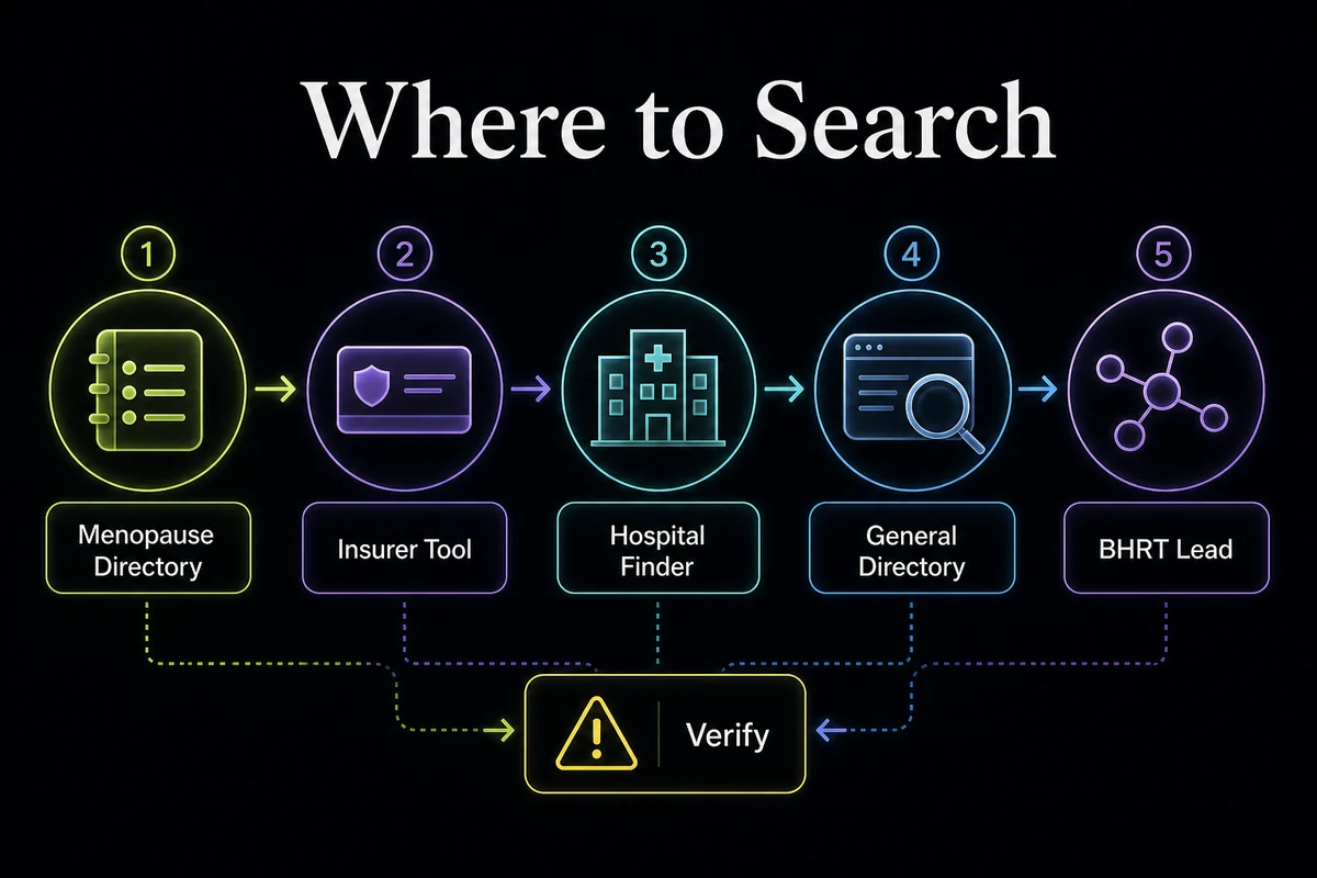 Directory search flow showing five ways to find menopause HRT clinicians.