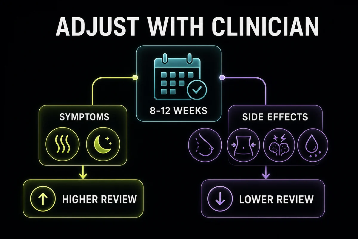 HRT dose adjustment diagram showing when persistent symptoms or side effects should prompt clinician review.