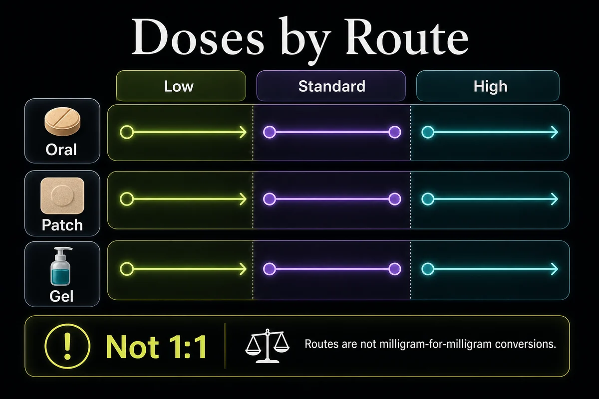 Estradiol dose-by-route visual comparing oral tablets, patches, and gels across low, standard, and high zones.