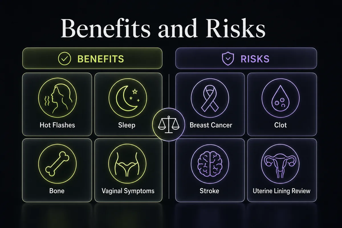 Risk matrix comparing estrogen-only, combined, and low-dose vaginal HRT by major risk category.