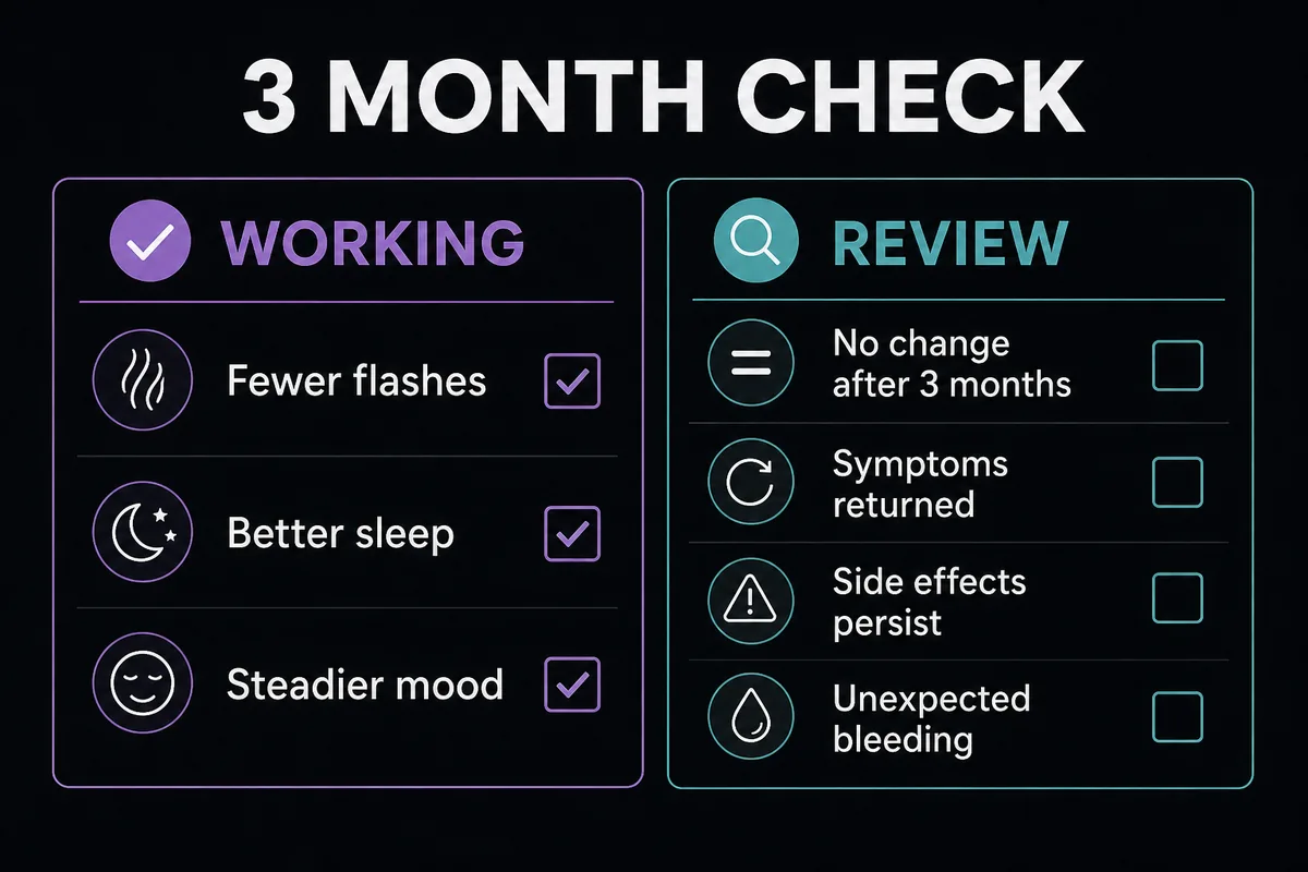 Three-month HRT check diagram comparing signs HRT is working with signs to review the regimen.