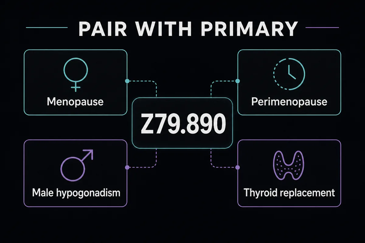 Pairing diagram connecting Z79.890 to primary diagnosis categories such as menopause and hypogonadism.