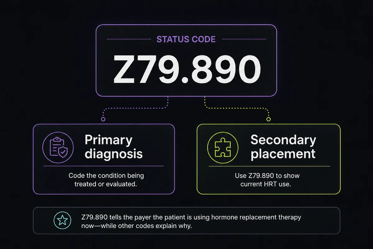 Diagram showing Z79.890 as a secondary long-term hormone therapy status code.