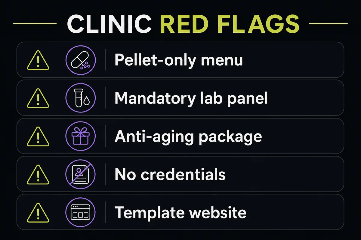 Checklist visual of HRT clinic red flags including pellet-only menus and mandatory lab panels.