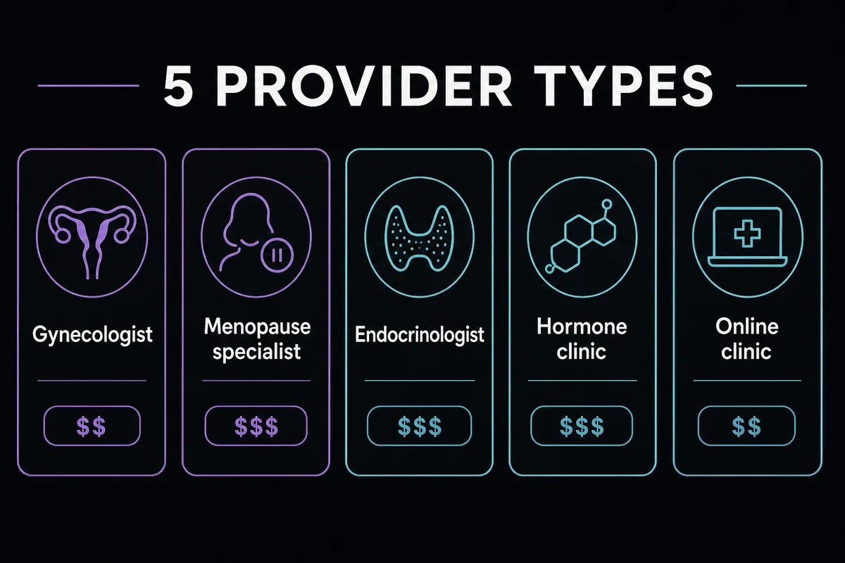 Comparison graphic showing five HRT provider types and how they differ.