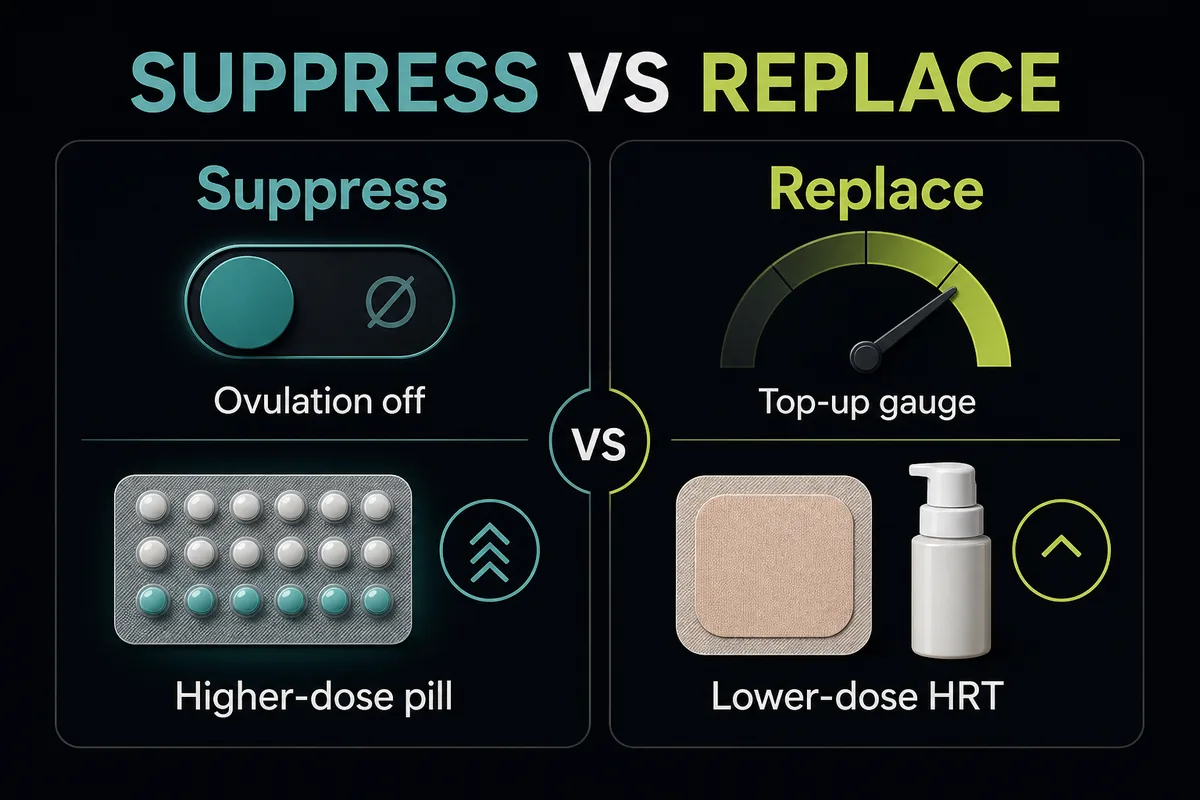 Diagram comparing birth control suppression with HRT hormone replacement.