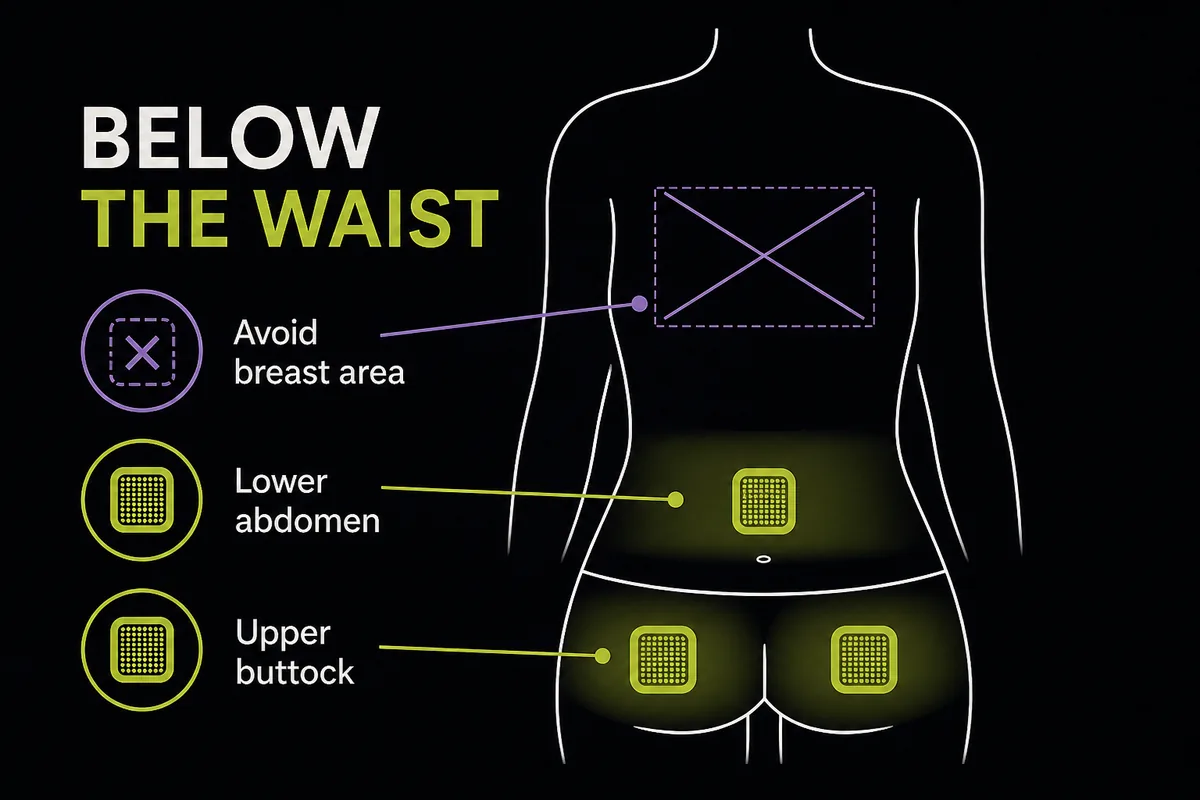 Placement diagram showing recommended HRT patch sites below the waist and areas to avoid.