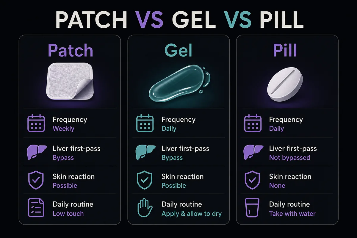 Comparison graphic of HRT patch, gel, and pill routes with practical differences.