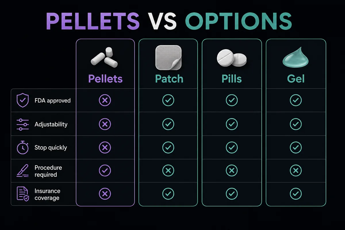 Comparison visual showing pellets versus patch, pills, and gel across FDA status and adjustability.